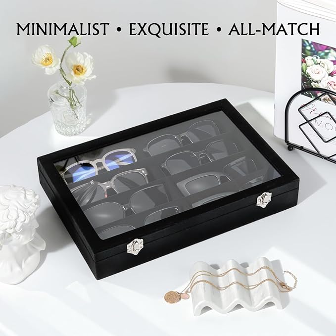 Emibele Glasses Organizer Jewelry Tray, 8 Grids with Clear Lid Velvet Tray Watch Storage Stackable Jewelry Showcase Display Storage with Detachable Inner Dividers, Black