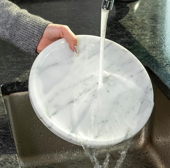 Natural Marble Decorative Tray for Bathroom Bedroom Kitchen Dresser, 9.8â Round Vanity Trays for Jewelry, Perfume, Cosmetic, Candle, Countertop Storage Organizer for Home Decor White, Arabescato