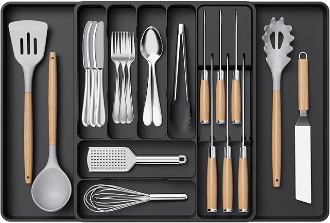 Lifewit Silverware Organizer for Kitchen Drawers, Expandable Utensil Tray with Removable Knife Block, Adjustable Cutlery and Flatware Holder, Plastic Spoon Forks Holder Storage Divider, Black