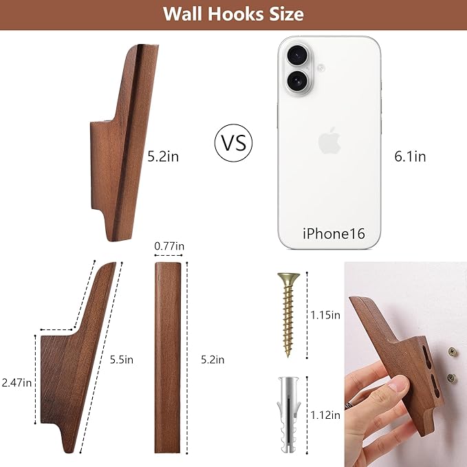 FitraNovay4PcSolid Color Walnut Wall Hooks - Hat and Jacket Hooks for Hanging Hats, Jackets, Backpacks, Towels. A Rustic Style Hook Suitable for Use in Entrances, Bathrooms, Kitchens (Walnut Color)