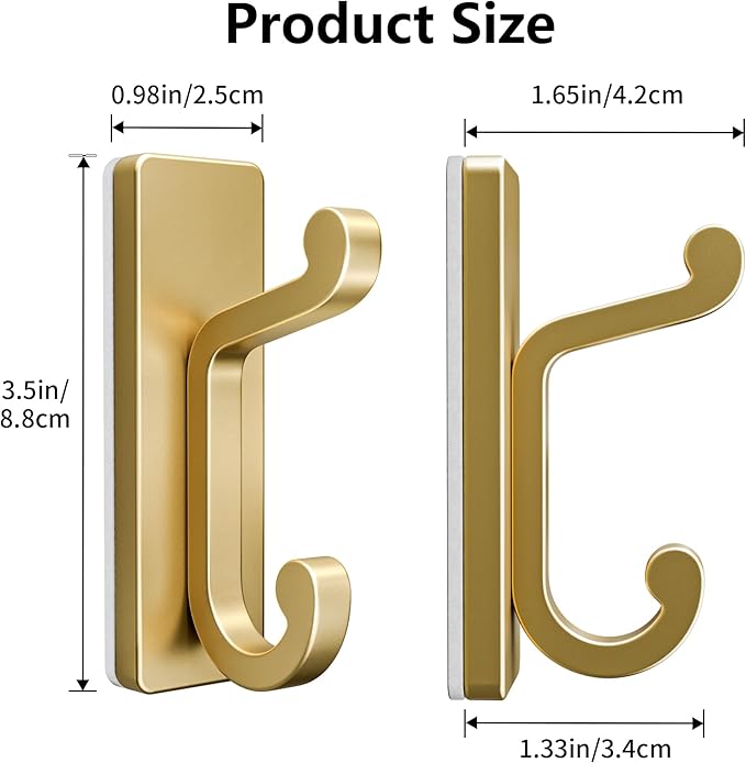 Gold Self Adhesive Wall Hooks for Coats - Stainless Heavy Duty Double Hook for Clothes, Towel, Keys, Purse, Backpack, Bag, Hat, 6 Pack Coat Hook for Door, Bathroom, Bedroom.
