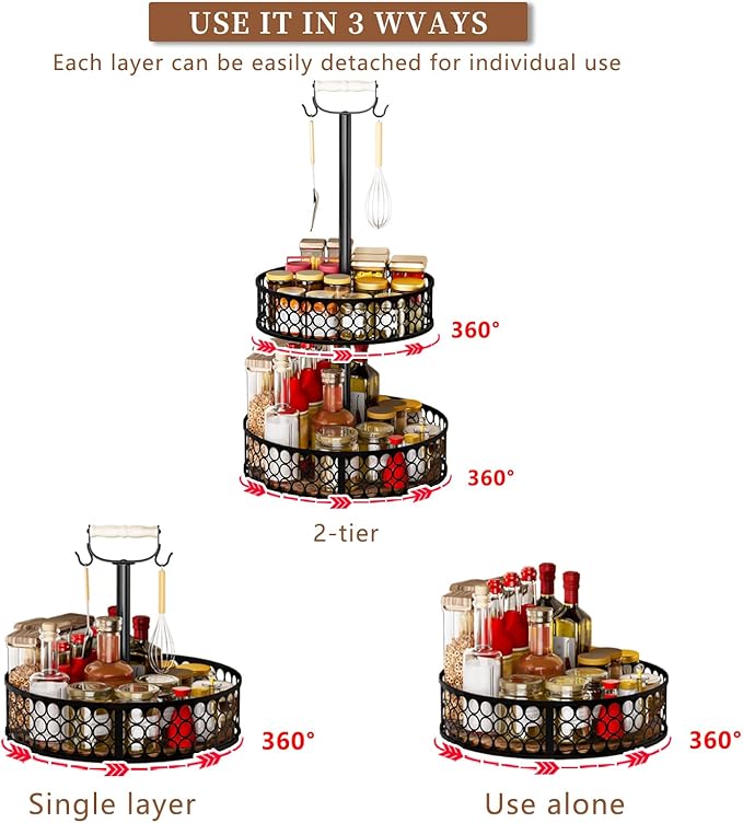 Heavy-Duty 2 Tier Lazy Susan Organizer, Upgraded DIY 3-in-1 Design Detachable Metal Rotating Spice Rack, Spice Organization for Kitchen Cabinet Countertop