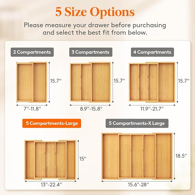 Lifewit Utensil Organizer for Kitchen Drawer, Expandable Cooking Utensil Tray, Cutlery Silverware Flatware Holder, Wood Adjustable Spatula Tools Storage Divider, 13-22x15/ 33-56x38cm, White