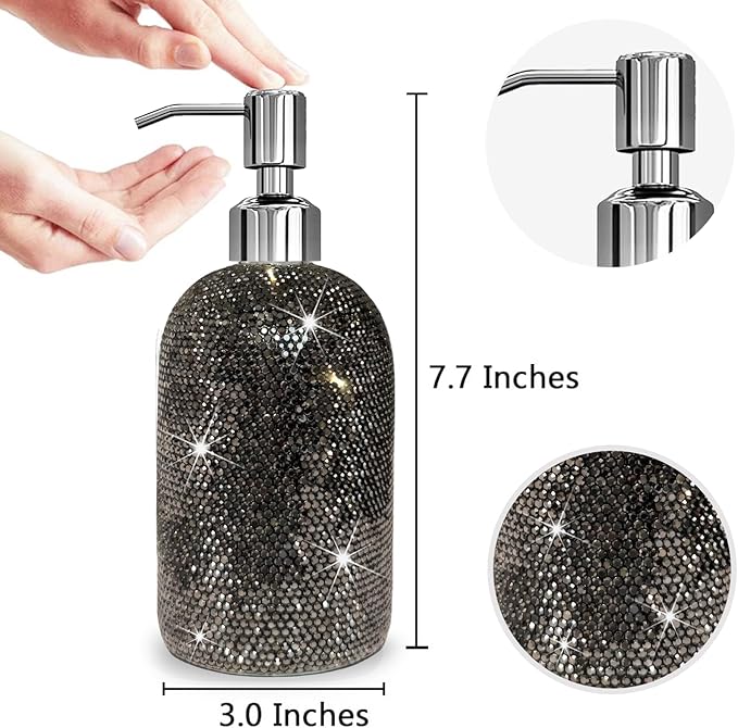 SlowVibes 18Oz Bling Black Soap Dispenser with Rust Proof Stainless Steel Pump,Refillable Liquid Hand Wash Bottle for Bathroom Kitchen,Sparkle Decorative Shower Dispenser,Rhinestone Lotion Dispenser