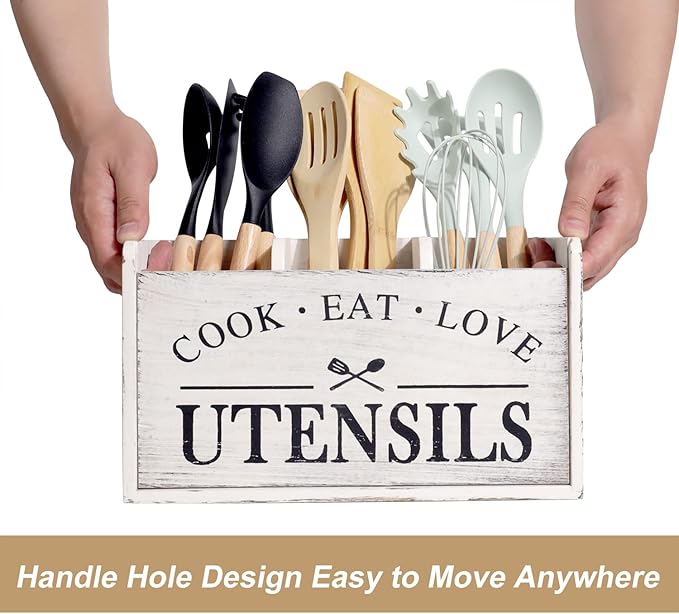 Farmhouse Cooking Utensils Organizer - Solid Wood Countertop Utensil Holder, 3 Compartment Spoon Holder for Kitchen Decor (White)