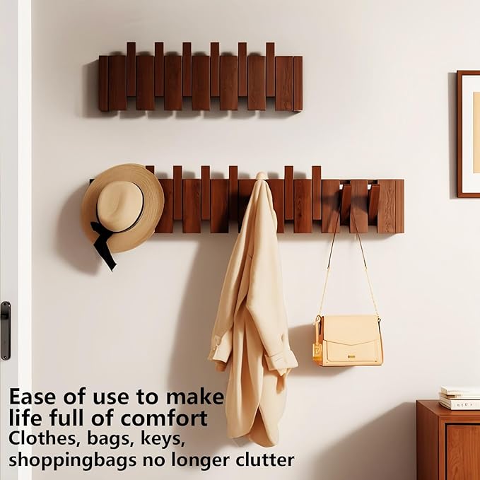 Wall Mounted Coat RackHooks Piano Key Hangers Natural Solid Wood Hanger Non-Woven Fabric Clothes Hangers for Closet, Kitchen, Bedroom, Bathroom, Entryway (Walnut, 4 Hooks)