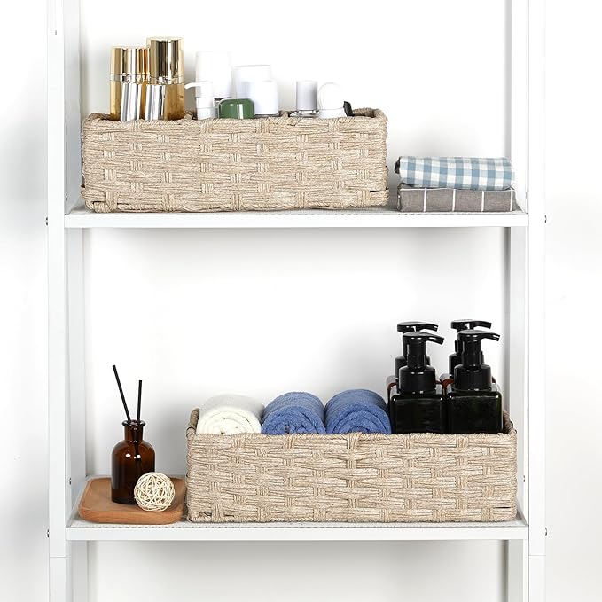 Bidtakay Long Narrow Wicker Baskets Toilet Paper Basket for Shelves 2-Pack Waterproof Imitation Small Wicker Storage Bins for Washroom Closet Boho Decor Baskets for Organizing Grayish Beige