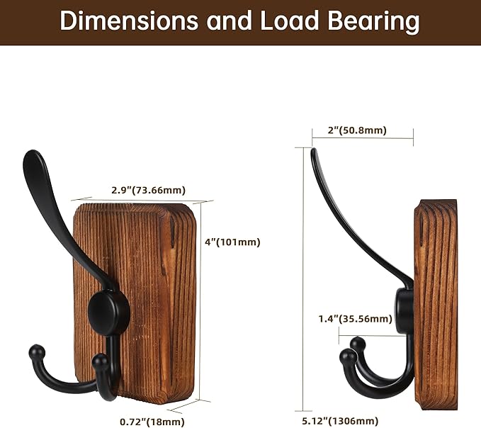 4 Pack Wooden Wall Hooks, Adhesive and Screw Mounted for Heavy Duty, Boho Decorative Coat Hooks for Towel, Clothes, Blanket, Hat, Entryway, Nursery Door