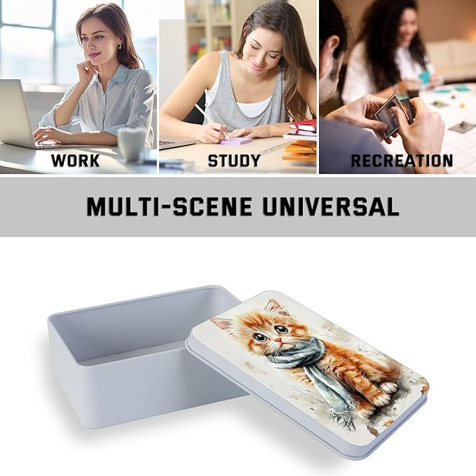 Metal Tin Box with Lid,Multi-functional Storage Box Can Store Tea Biscuits Game Cards, Playing & Tarot Cards-Comes with 4 Magnetic Cord Clips,Kitten with Blue Scarf