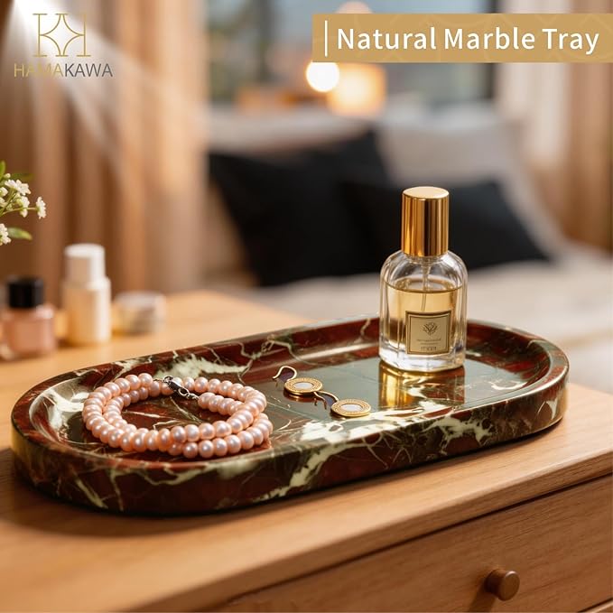 Bathroom Vanity Tray, Natural Marble Oval Tray 10 inch, Rosso Levanto Marble Vanity Tray for Soap Dispenser Modern Countertop Organizer for Kitchen Countertops, Home Decor