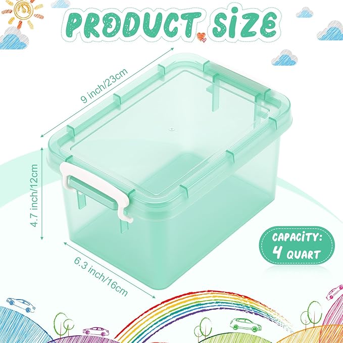 Wenqik 12 Pack Colorful Plastic Storage Bins with Lids 4 Quart Small Storage Latch Box Stackable and Nestable Clear Organizer Bins with Latching Handle and Buckle for Organizing (Mondrian)