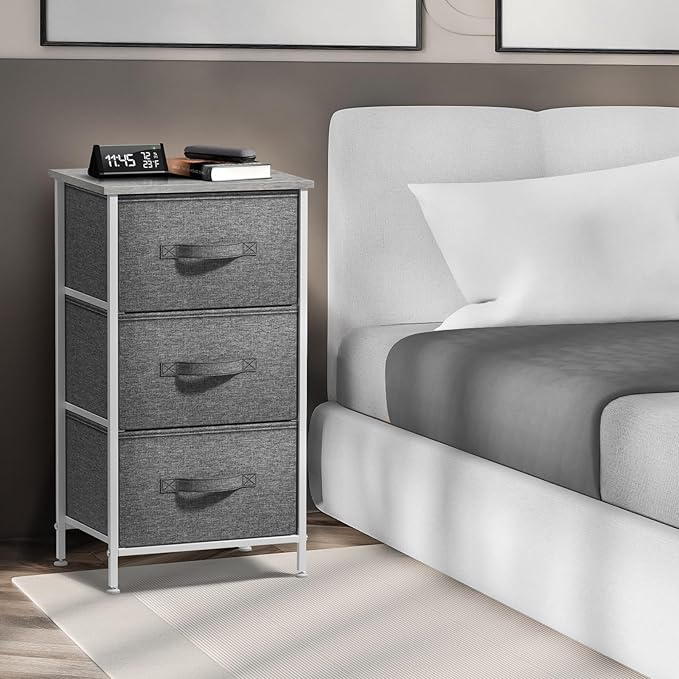 Sorbus Nightstand with 3 Drawers - Bedside Furniture & Night Stand End Table Dresser with Steel Frame, Wood Top, Easy Pull Fabric Bins for Home, Bedroom Accessories, Office & Dorm