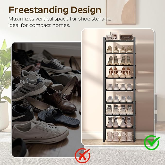 8-Tier Narrow Shoe Rack, Tall Shoe Rack for 8-16 Pairs, Slim Shoe Storage Organizer with Wooden Top, Space Saving, Metal Frame, for Entryway, Charcoal and Black SS608BC