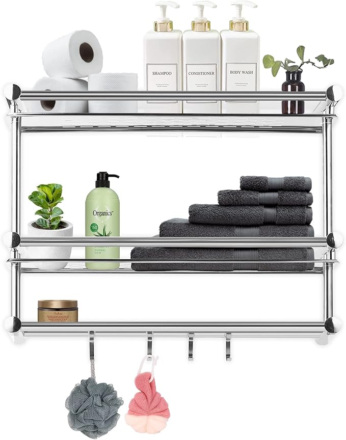 Cheer Collection Wall Mounted Shower Caddy - 2 Tier Stainless Steel Bathroom Shelves Organizer with Towel Hooks, No Drilling Necessary