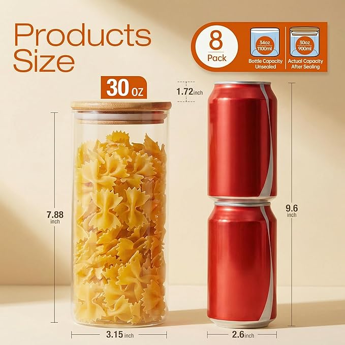 Glass Jars with Bamboo Lids 28 floz [Set of 8], Glass Canisters with Airtight Lids, Glass Food Storage Containers for Pasta, Oats, Coffee, Flour, Sugar, Rice, Best for Kitchen & Pantry