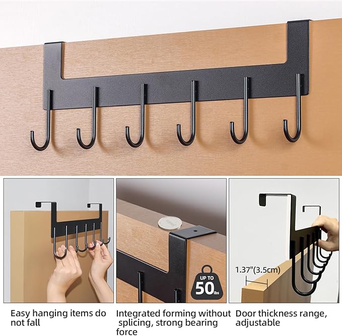 Over The Door Hooks, Over The Door Hanger, Heavy Duty Metal Over The Door Towel Rack, Door Hooks for Hanging Coat, Towel, Bag, Robe - 6 Hooks(Matte Black 2Pcs)