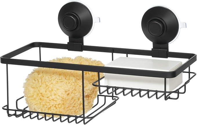 iDesign Everett Metal Push Lock Suction Shower Caddy, Extra Space for Shampoo, Conditioner, and Soap with Hooks for Razors, Towels, Loofahs, and More, 11.1" x 4.9" x 6.54", Matte Black