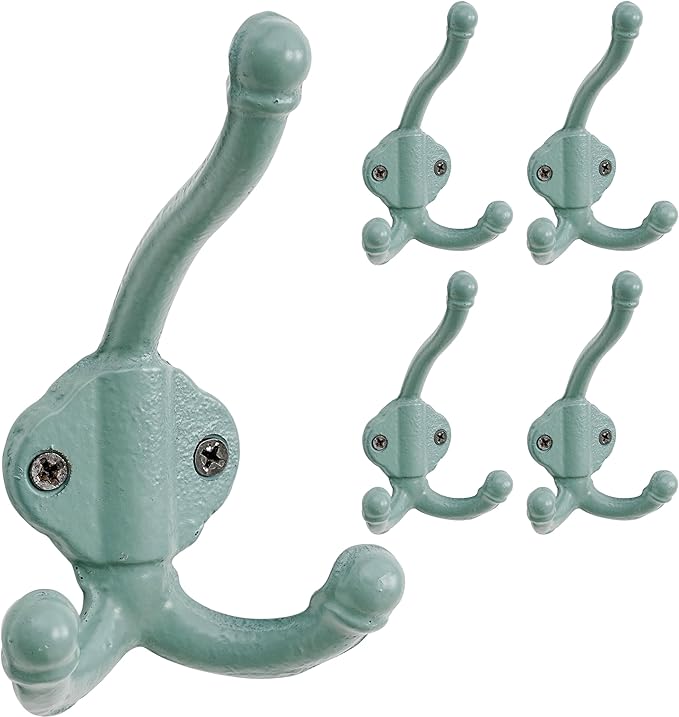 Dseap Cast Iron Wall Hooks L=5”, Heavy Duty Coat Hooks, Rustic Vintage Farmhouse Hook for Hanging Winter Coats Jackets Towels Hats Bags Plants, Mint Green, Pack of 5 (GripBold)