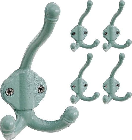 Dseap Cast Iron Wall Hooks L=5”, Heavy Duty Coat Hooks, Rustic Vintage Farmhouse Hook for Hanging Winter Coats Jackets Towels Hats Bags Plants, Mint Green, Pack of 5 (GripBold)