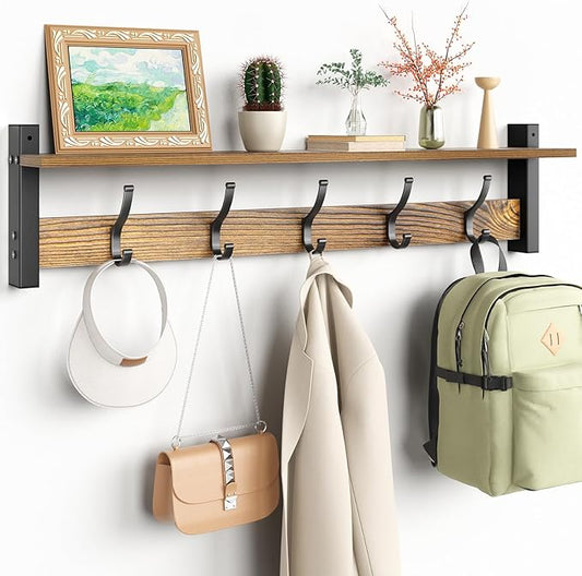 Coat Rack Wall Mount with Shelf, 29 Inch Coat Hanger Walls Mounted, Hat Rack for Walls, Shelf with 5 Coat Hooks, Wall Hanger for Entryway (Brown)