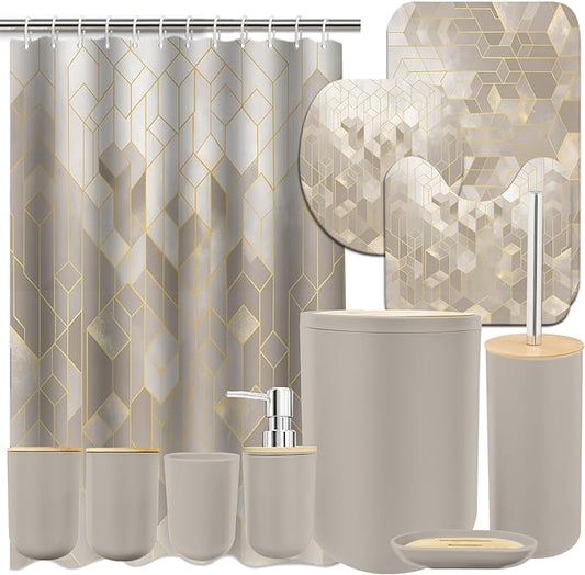 Lnond Beige Bathroom Set, Beige Abstract Cubes Bathroom Accessories Sets Complete, Luxury Restroom Set with Shower Curtain and Rugs, Trash Can, Toilet Brush Holder Set & Soap Dispenser