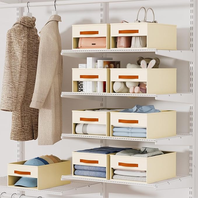 Drawer Organizers and Storage - 10 Pack Foldable Pants Organizer with Clear Window & Handles, Fabric Closet Organizer for Clothes, Jeans, Sweaters, Towels, T-shirt, Scarf (Beige)