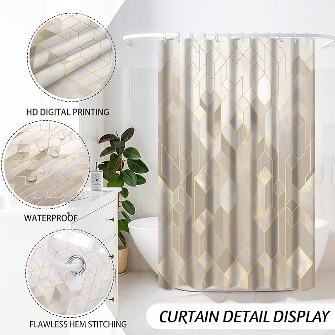 Lnond Beige Bathroom Set, Beige Abstract Cubes Bathroom Accessories Sets Complete, Luxury Restroom Set with Shower Curtain and Rugs, Trash Can, Toilet Brush Holder Set & Soap Dispenser