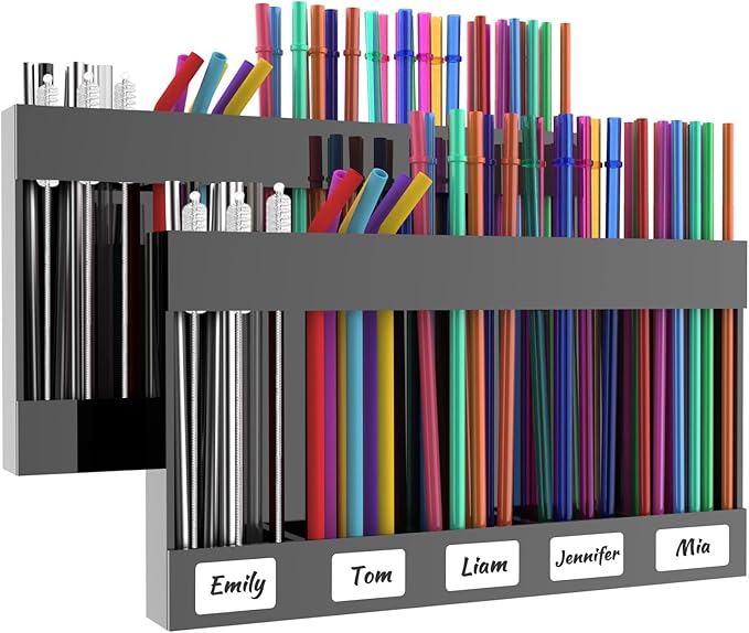 2 Pack 9.5” Large Acrylic Straw Holder for Cabinet Door with Detachable Ultra Sticky Adhesive Squares and Stickers, 2026 Reusable Straws Organizer Storage Dispenser for Kitchen Counter Cupboard