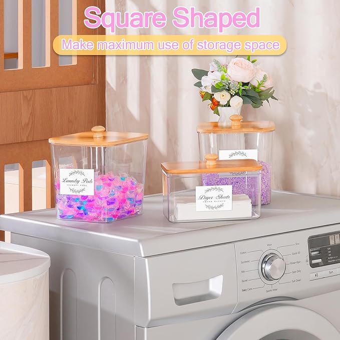 efluky 3 Pack Laundry Pods Container & Dryer Sheet Holder Set, Clear Laundry Room Organization Containers with Bamboo Lids and Labels, Detergent Pods Storage for Scent Booster, Powder