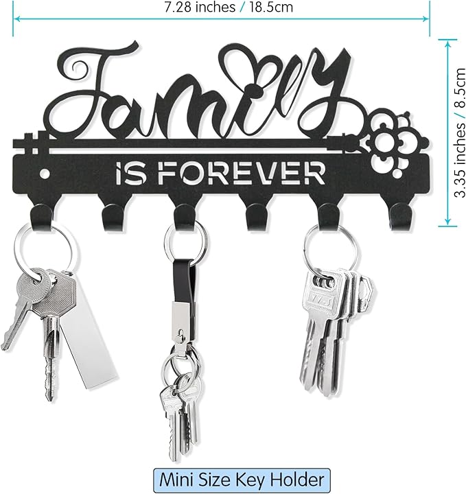 ”Family is Forever”Mini Key Holder Wall Mounted,Small Key Holder on Wall,Black Metal Decorative Key Rack Hooks for Garage,Mudroom,Hallway,Entryway,Front Door,Office(Mini Size:18.5x8.5cm)