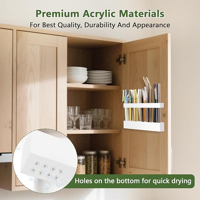 9.5â Large Acrylic Straw Holder for Cabinet Door - Reusable Tumbler Straw Organizer Storage, Small Kitchen Accessories Container, Ultra Sticky Cupboard Door Mounted (White)