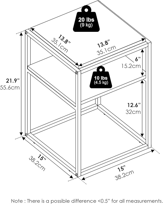 Furinno Moretti Side Table, 2-Tier Stackable Metal Frame End Table with Open Shelf, Night Stand, Bedside Table, Toolless Assembly, for Living Room, Bedroom, Solid White