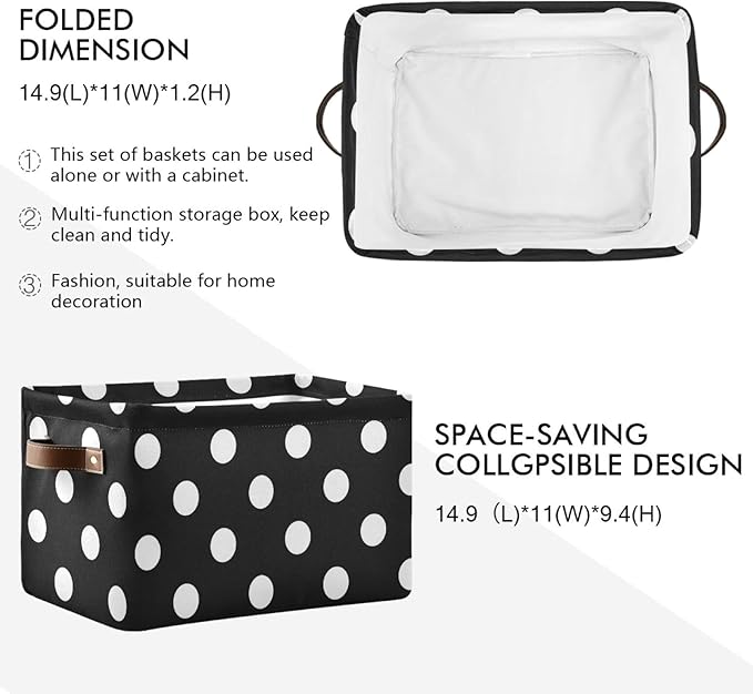 susiyo Large Foldable Storage Bin Black White Polka Dot Fabric Storage Baskets Collapsible Decorative Baskets Organizing Basket Bin with PU Handles for Shelves Home Closet Bedroom Living Room-2Pack