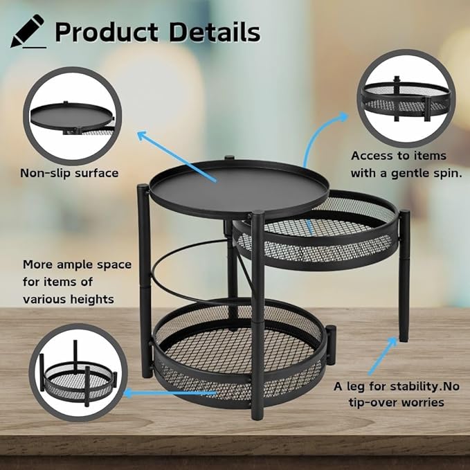 IBERG 3 Tier Spice Organizer with Rotating Middle Tier, Space Saving Kitchen Countertop Rack, Metal Pantry Organizer for Spices, Jars & Seasoning (Black)
