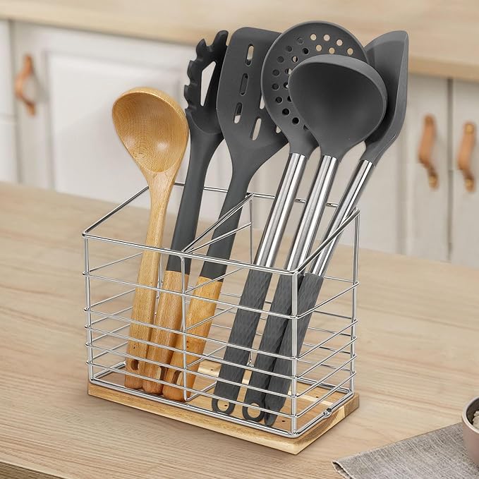 Utensil Holder for Kitchen Counter, Metal Utensil Holder Rack for Kitchen Countertop, Cooking Tools Storage for Spatula, Utensil Organizer with Wooden Base, and Drainage Hole (Chrome Wooden)