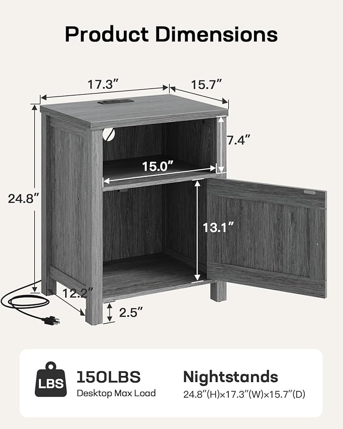 Marsail Farmhouse Nightstand Set of 2 with Charging Station, Wood Bedside Table with USB Port & AC Outlet, Open Shelf and Enclosed Cabinet, Side Table with Storage for Bedroom, Grey