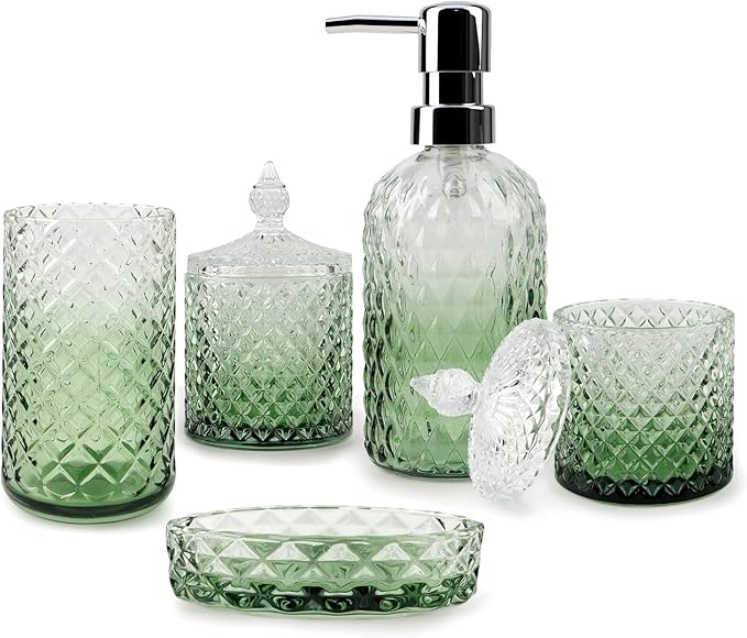 5Pcs Glass Bathroom Accessories Set,Green Vintage Bathroom Accessory Set, Bathroom Counter Sink Toothbrush Holder Set Includes Hand/Lotion Soap Dispenser & Tumbler & Soap Dish & Qtip Holders