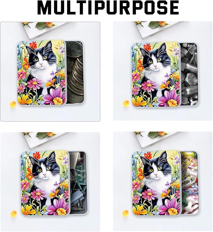 Metal Tin Box with Lid,Multi-functional Storage Box Can Store Tea Biscuits Game Cards, Playing & Tarot Cards-Comes with 4 Magnetic Cord Clips,Tuxedo Cat in Flowers