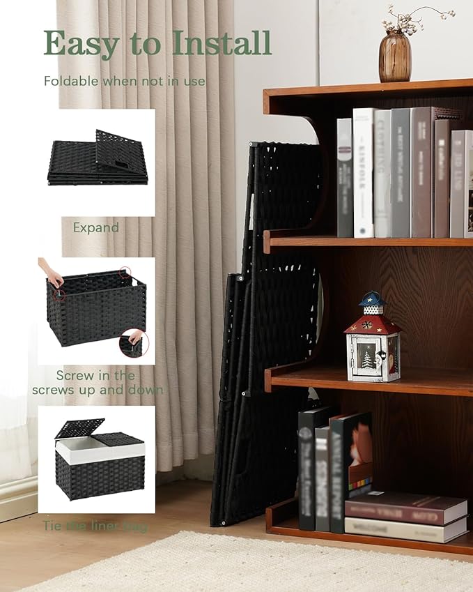 Storage Basket with Lid Rattan Woven Storage Baskets with 2 Separate Lids, 17.2 Gallon (65 L), Wicker Storage Bins Foldable, 2 Removable Liner Bags Handles for Bedroom, Laundry Room Black