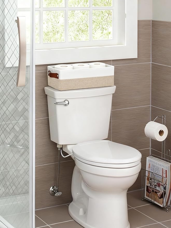 HNZIGE Toilet Paper Baskets for Storage, 13"x 5.9"x3.9" Narrow Storage Bins Baskets with Leather Handles for Organizing Closet and Shelf,Bedrooms, Living Rooms, White&Khaki-3 Pack