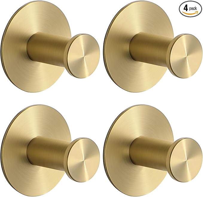 SAYAYO Self Adhesive Hooks for Hanging, Brushed Gold Towel Hook for Bathrooms Coat Hooks Wall Mount, Stick on Hook SUS304 Stainless Steel, 4pcs