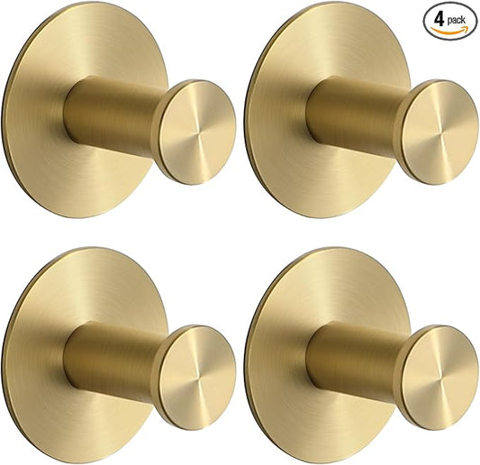 SAYAYO Self Adhesive Hooks for Hanging, Brushed Gold Towel Hook for Bathrooms Coat Hooks Wall Mount, Stick on Hook SUS304 Stainless Steel, 4pcs