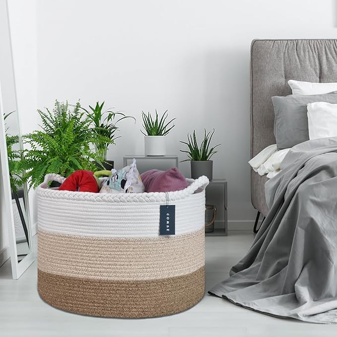 COMSE Extra Large Blanket Basket, Woven Laundry Basket, 21.7âx 13.8â, Nursery Hamper, Cotton Rope Laundry Hamper Living Room for Storage Toys Clothes Towels(White & Gradient Brown)