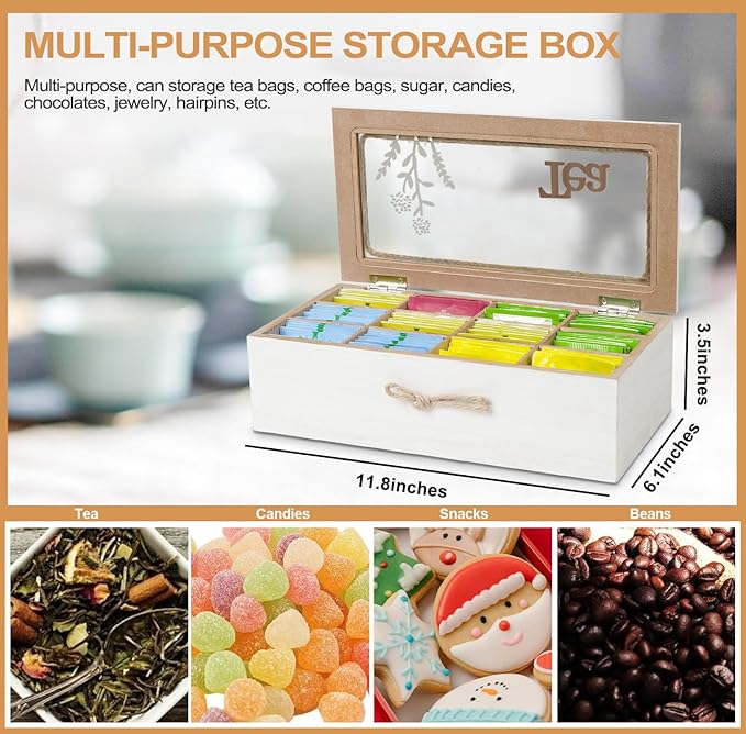 handrong Tea Box,Wood Tea Organizers and Storage,12 Compartments Teas Storage, Rustic Teabag Holder Organizer, Teas organizer for tea bags for Countertop Kitchen Cabinet Pantry