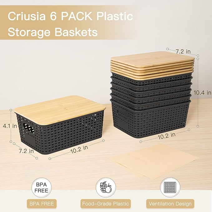 Criusia 6 Pack Plastic Storage Baskets With Bamboo Lid, Stackable Storage Baskets for Organizing Desktop Closet Shelves Drawers Pantry Organization Office Playroom Classroom (Black)