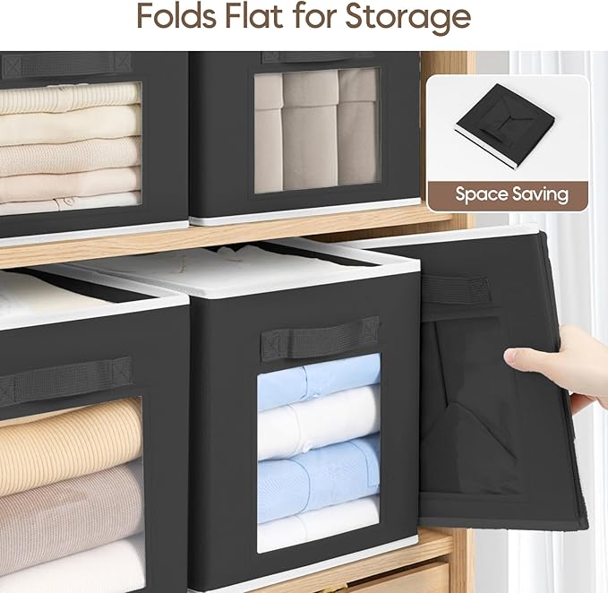Cube Storage Bins - Fabric Shelves for Closet Organization, Foldable Storage Bins for Clothes, Decorative Storage Baskets with Window for Home, Set of 6, Black