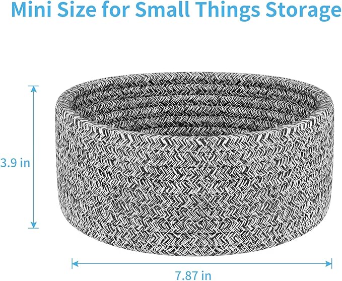 ABenkle Small Woven Basket, Empty Tiny Shallow Storage Basket, Mini Cotton Rope Baskets, Round Decorative Hamper, Basket Storage Bins for Toys, Spa, Socks, Nursery, Living Room- MIxed Grey