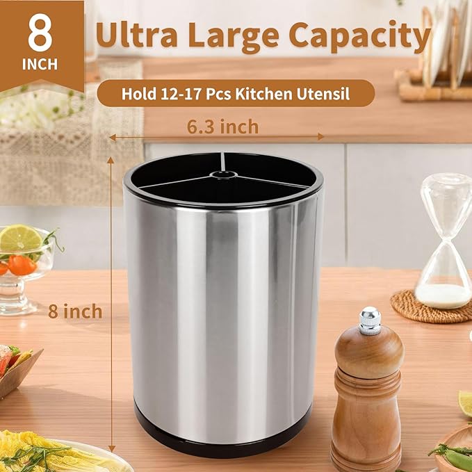 Extra Large Kitchen Utensil Holder, 360° Rotating Stainless Steel Cooking Utensil Holder for Countertop, 3 Compartment Flatware Organizer & Cooking Caddy with Removable Base（Silvery）