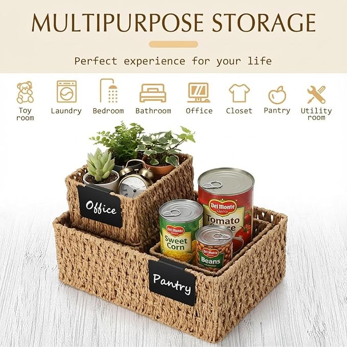 Marsui 6 Pcs Wicker Storage Baskets with Labels Handwoven Paper Rope Multi-size Natural Wicker Storage Bins for Organizing Small Baskets Container for Shelves Closet Pantry Toilet(Natural)