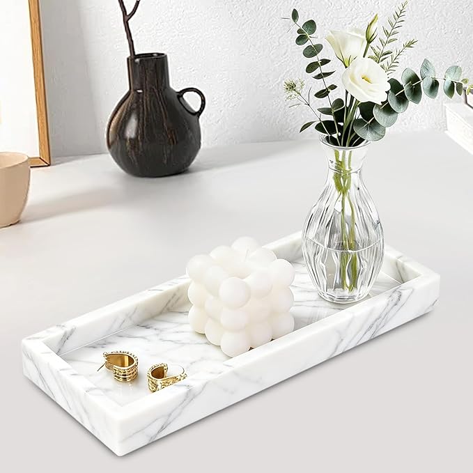 Natural Marble Tray, Stone Tray for Bedroom/Bathroom/Kitchen/Vanity Countertop, Jewelry Tray for Rings Earrings Necklace Bracelet Watch, Room Decor Aesthetic